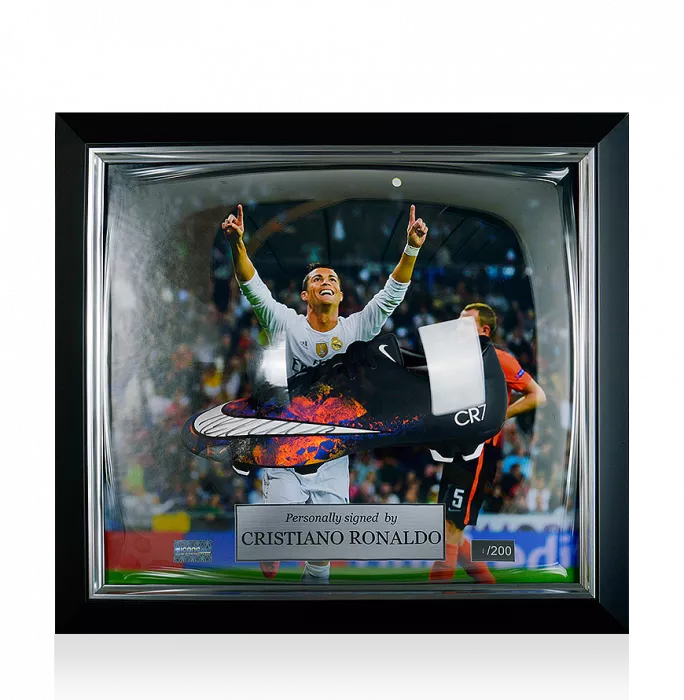 icons Cristiano Ronaldo Signed and Real Madrid Framed Black Nike Mercurial Victory V CR7 Boot