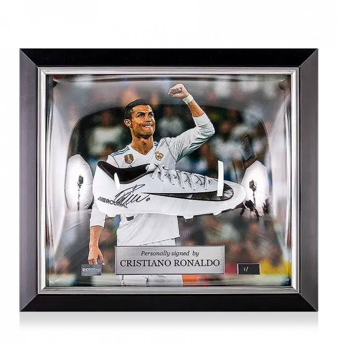 icons Cristiano Ronaldo Signed and Real Madrid Framed White Nike Mercurial CR7 Boot