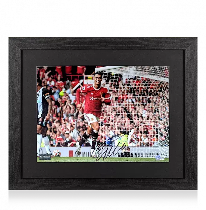 icons Cristiano Ronaldo Signed Manchester United Photo In Black Wooden Frame: Premier League Goal