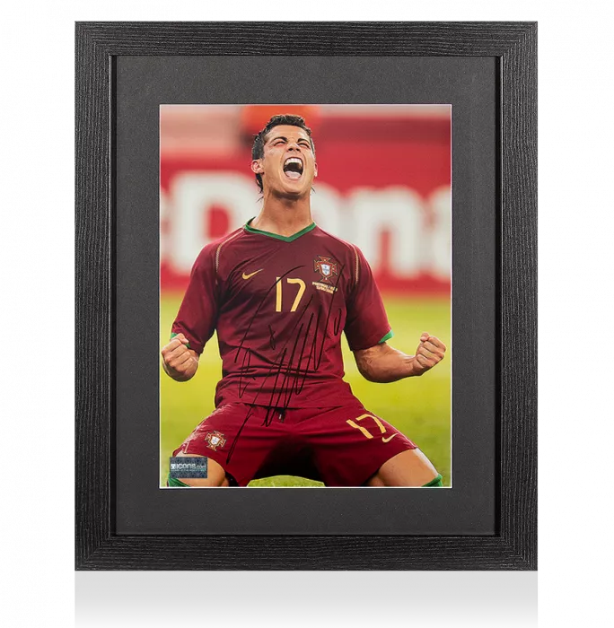 Icons Cristiano Ronaldo Signed Portugal Photo In Black Wooden Frame: 2006 FIFA World Cup Goal Vs Iran