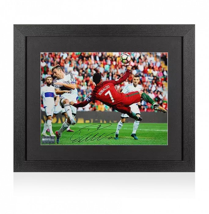 icons Cristiano Ronaldo Signed Portugal Photo In Black Wooden Frame: Overhead Kick Goal