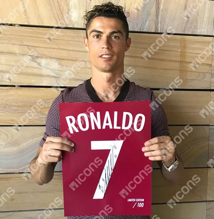Icons Cristiano Ronaldo Signed Portugal Shirt Print In Black Wooden Frame: Limited Edition 'Ronaldo 7'