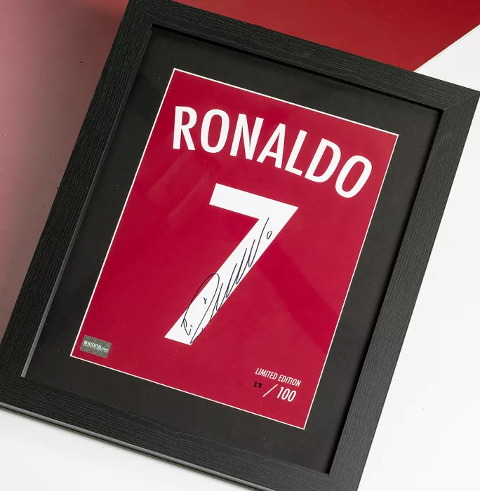 Icons Cristiano Ronaldo Signed Portugal Shirt Print In Black Wooden Frame: Limited Edition 'Ronaldo 7'