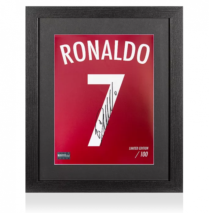icons Cristiano Ronaldo Signed Portugal Shirt Print In Black Wooden Frame: Limited Edition 'Ronaldo 7'