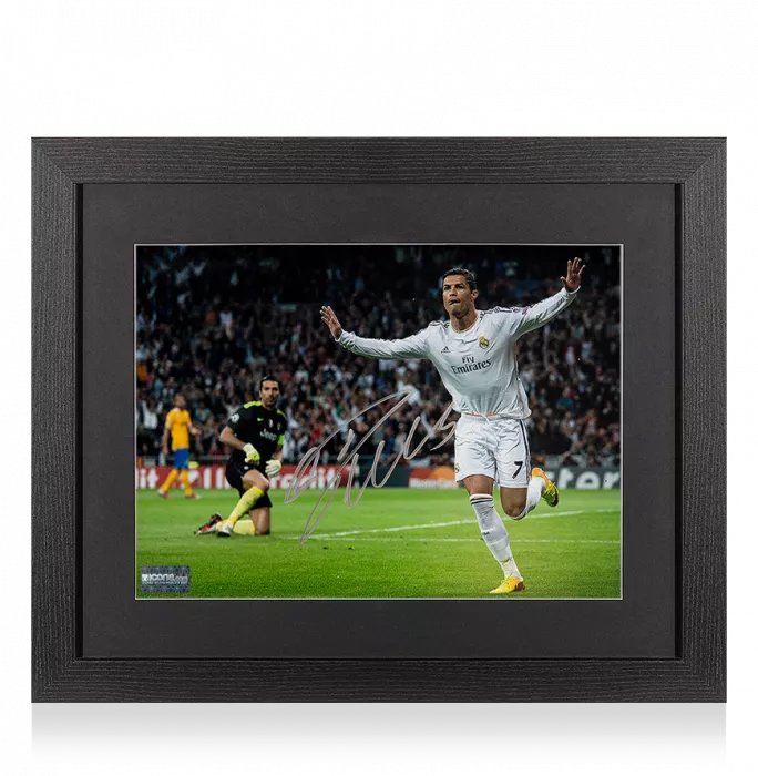 Icons Cristiano Ronaldo Signed Real Madrid Photo In Black Wooden Frame: UEFA Champions League Goal Vs Juventus