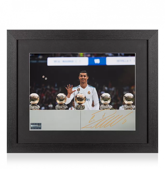 icons Cristiano Ronaldo Signed Real Madrid Photo In Black Wooden Frame: Five-Time Ballon d'Or Winner