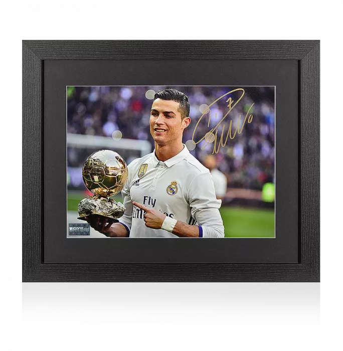 icons Cristiano Ronaldo Signed Real Madrid Photo In Black Wooden Frame: 2016 Ballon d'Or Winner