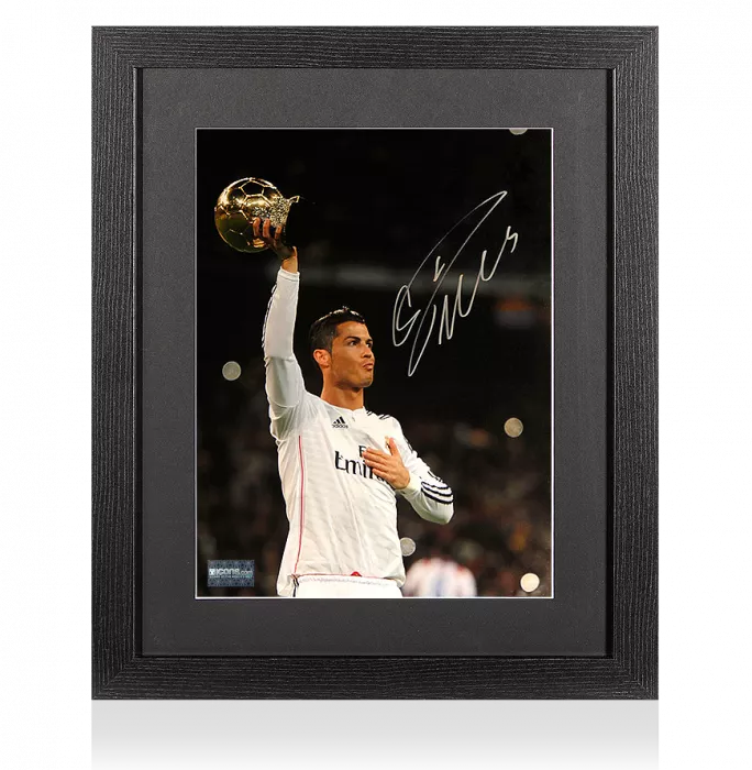 icons Cristiano Ronaldo Signed Real Madrid Photo In Black Wooden Frame: 2014 Ballon d'Or Winner
