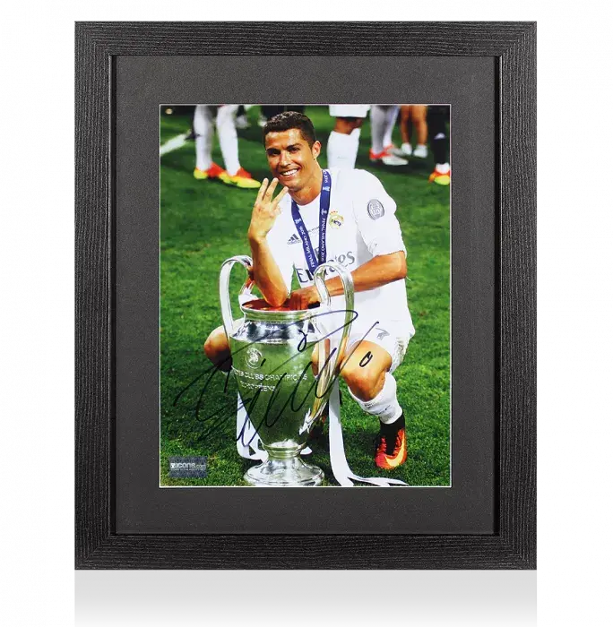 icons Cristiano Ronaldo Signed Real Madrid Photo In Black Wooden Frame: 2016 UEFA Champions League Winner