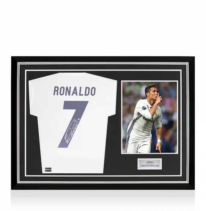 icons Cristiano Ronaldo Signed Real Madrid Shirt - Home 2016-2017 Number 7 All-White In Hero Frame: Option 1
