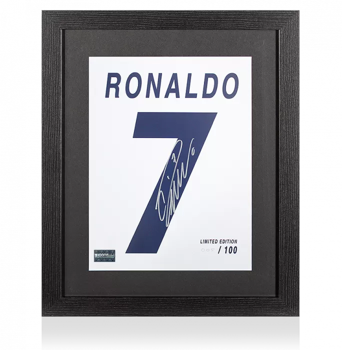 icons Cristiano Ronaldo Signed Real Madrid Shirt Print In Black Wooden Frame: Limited Edition 'Ronaldo 7'
