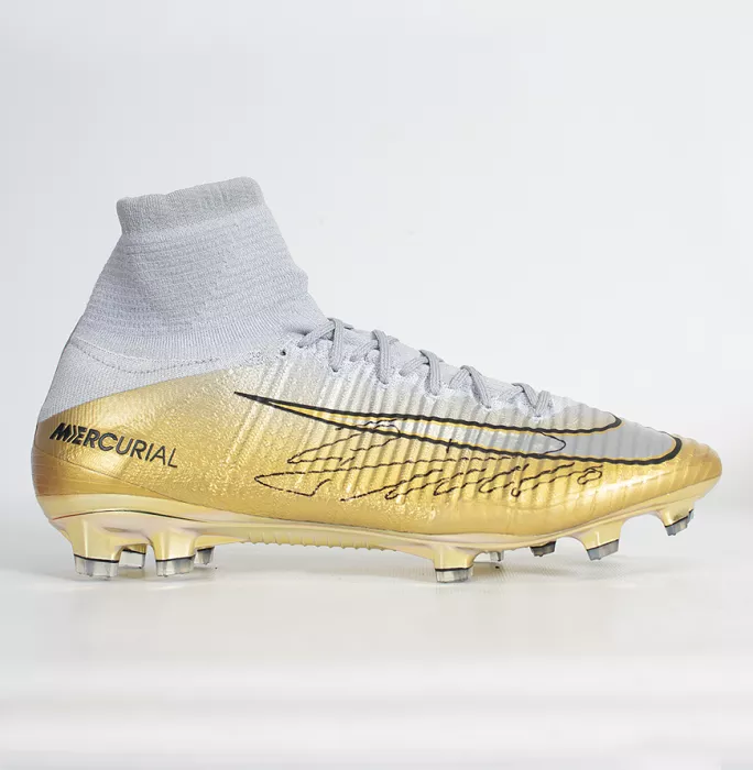 Icons Cristiano Ronaldo Signed Silver And Gold Nike Mercurial Vapor Boot In Acrylic Case