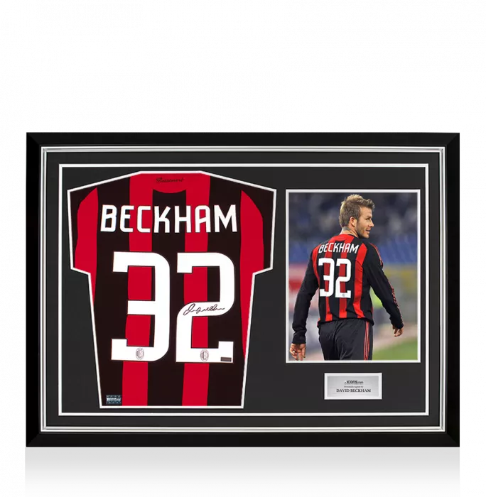 icons David Beckham Back Signed AC Milan 2008-09 Home Shirt In Hero Frame: Option 1