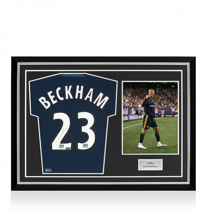 icons David Beckham Back Signed LA Galaxy 2007-08 Away Shirt In Hero Frame: Option 1