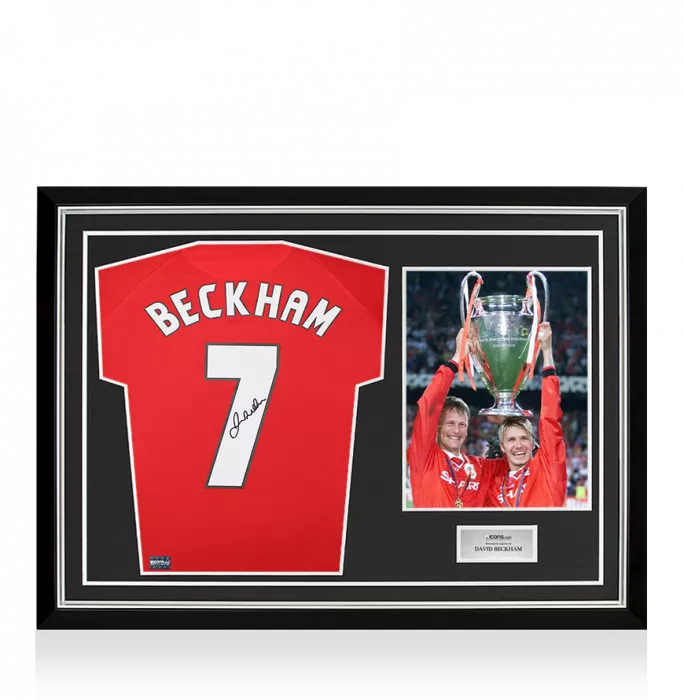 icons David Beckham Back Signed Manchester United 1999 UEFA Champions League Home Shirt In Hero Frame: Option 1