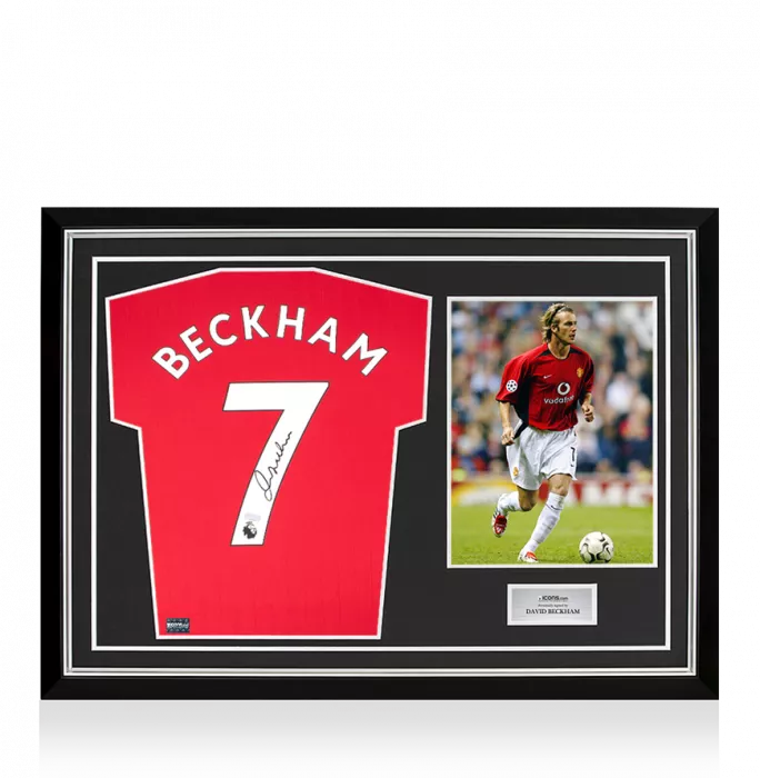icons David Beckham Back Signed Manchester United 2022-23 Home Shirt In Hero Frame: Option 1