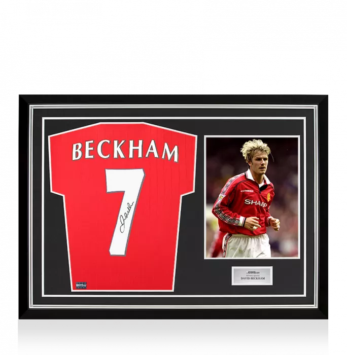 icons David Beckham Back Signed Manchester United 2022-23 Home Shirt with Fan Style Number In Hero Frame: Option 1