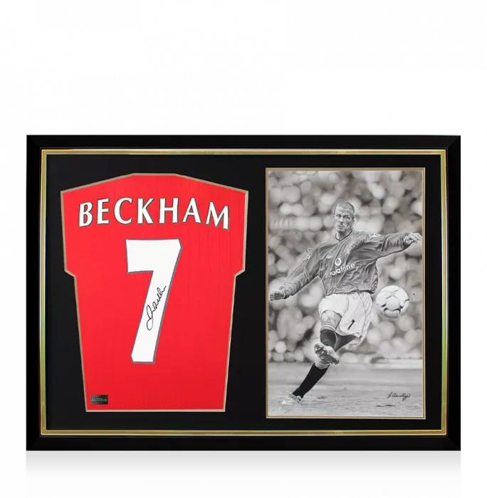 icons David Beckham Back Signed Manchester United 2022-23 Home Shirt with Fan Style Number and Original Artwork In Hero Frame: Limited Edition 1/1