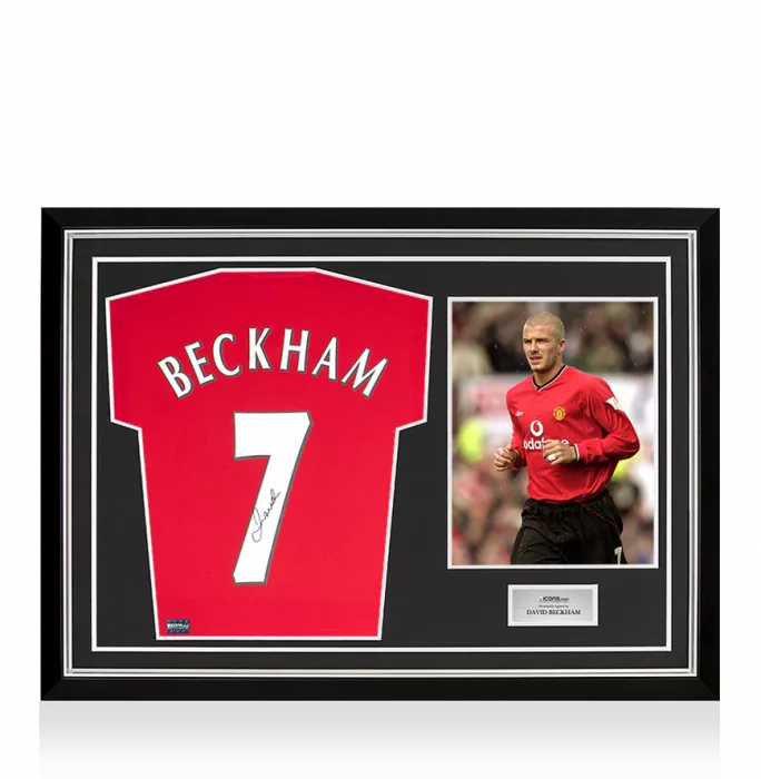 icons David Beckham Back Signed Modern Manchester United Home Shirt With Fan Style Numbers In Hero Frame: Option 1