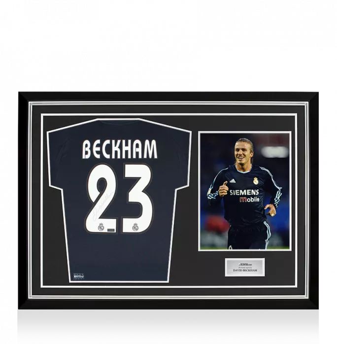 icons David Beckham Back Signed Real Madrid 2003-04 Away Shirt In Hero Frame: Option 1