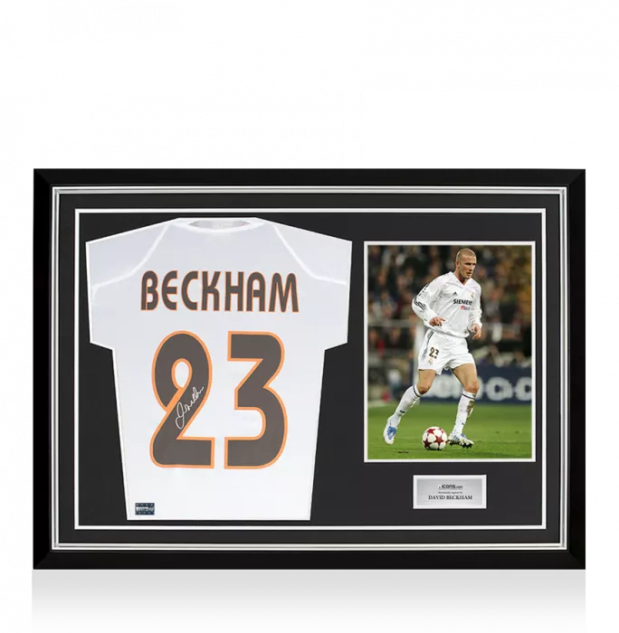 icons David Beckham Back Signed Real Madrid 2004-05 Home Shirt With Fan Style Numbers In Hero Frame: Option 1