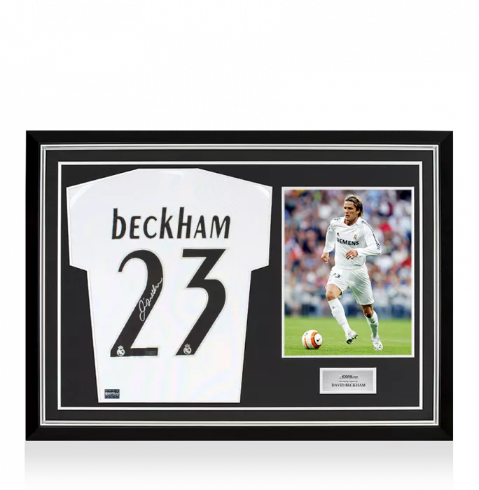 icons David Beckham Back Signed Real Madrid 2005-06 Home Shirt In Hero Frame: Option 1
