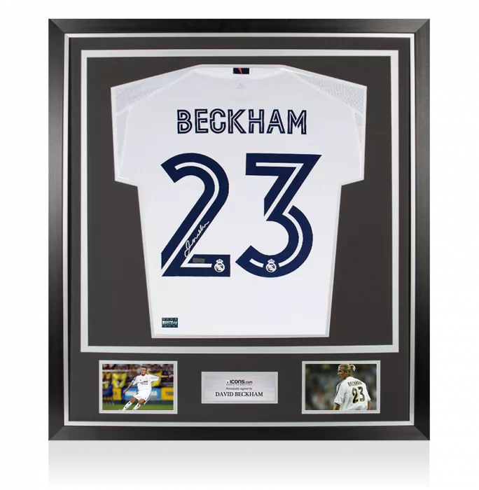 icons David Beckham Back Signed Real Madrid 2020-21 Home Shirt In Classic Frame