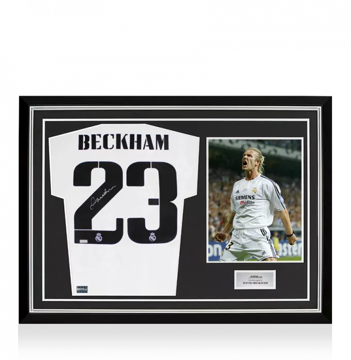 icons David Beckham Back Signed Real Madrid 2022-23 Home Shirt In Hero Frame: Option 1