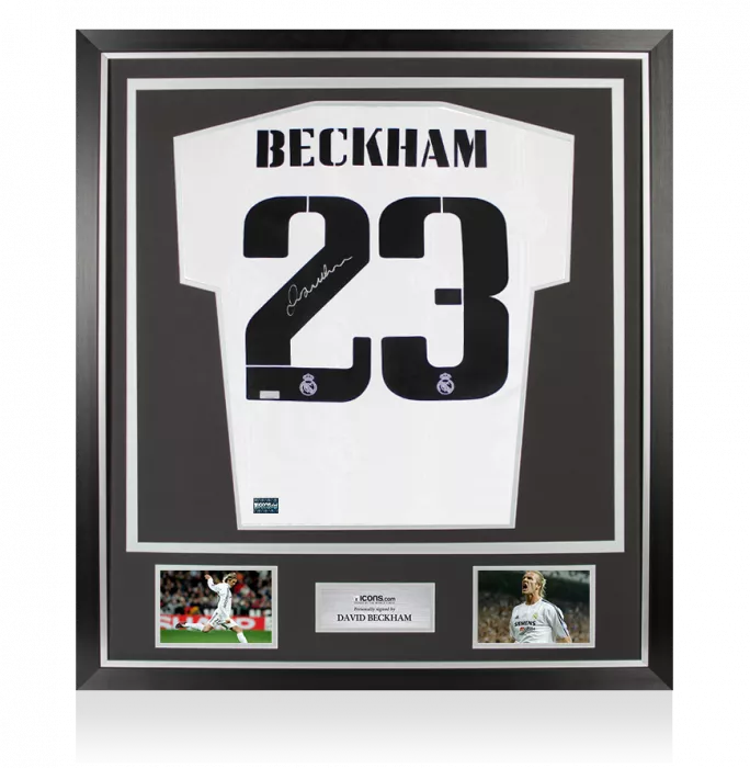 icons David Beckham Back Signed Real Madrid 2022-23 Home Shirt In Classic Frame