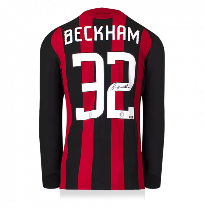 Icons David Beckham Official AC Milan Back Signed And Framed 2008-09 Home Shirt With Long Sleeves