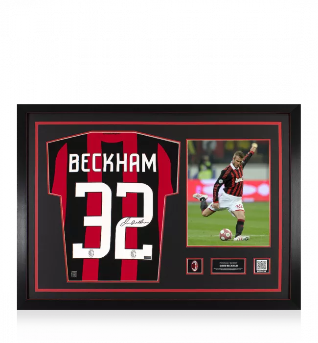 icons David Beckham Official AC Milan Back Signed and Framed 2008-09 Home Shirt With Long Sleeves