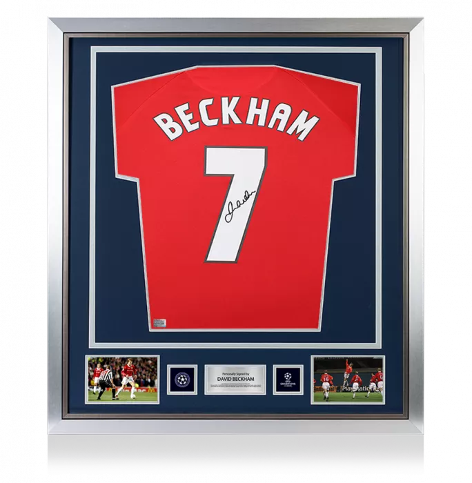 icons David Beckham Official UEFA Champions League Back Signed and Framed Manchester United 1999 Home Shirt