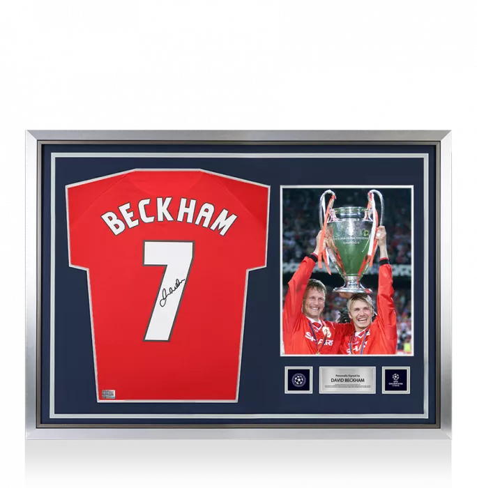 icons David Beckham Official UEFA Champions League Back Signed and Hero Framed Manchester United 1999 Home Shirt