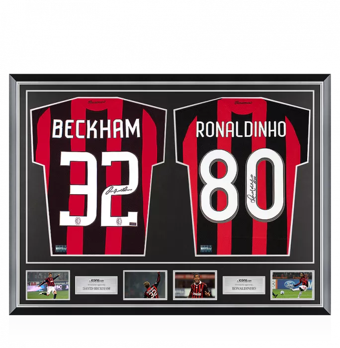 icons David Beckham & Ronaldinho Signed AC Milan Shirts In Classic Dual Frame