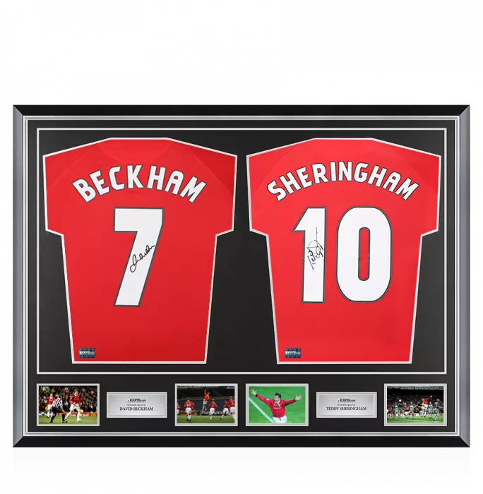 icons David Beckham & Teddy Sheringham Signed Manchester United Home Shirts In Classic Dual Frame