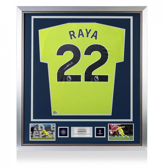 Icons David Raya Official UEFA Champions League Back Signed And Framed Arsenal 2024-25 Home Goalkeeper Shirt