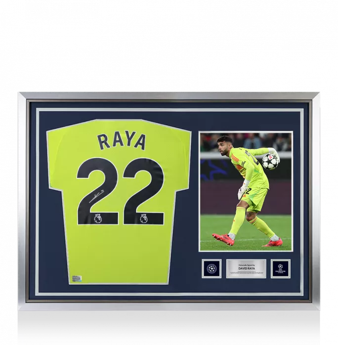 Icons David Raya Official UEFA Champions League Back Signed And Hero Framed Arsenal 2024-25 Home Goalkeeper Shirt