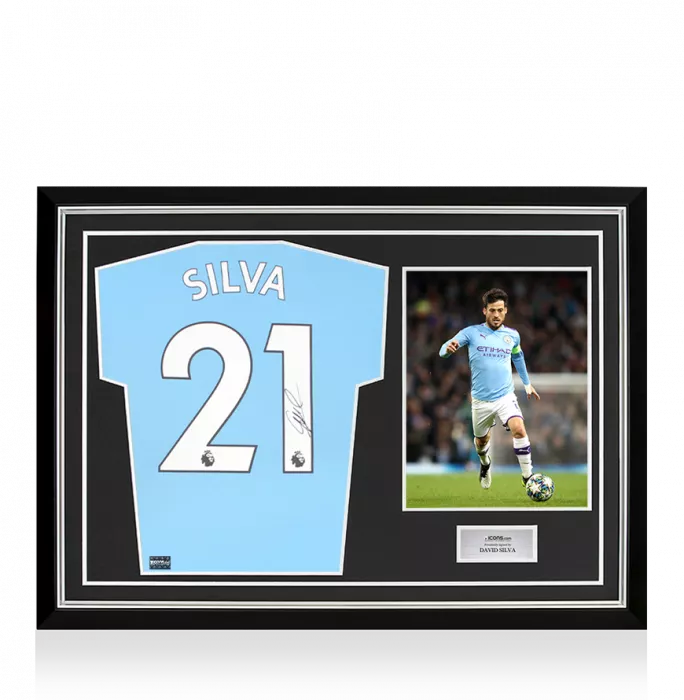 icons David Silva Back Signed Manchester City 2021-22 Home Shirt In Hero Frame: Option 1