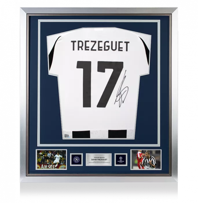icons David Trezeguet Official UEFA Champions League Back Signed and Framed Juventus 2024-25 Home Shirt with Fan Style Numbers