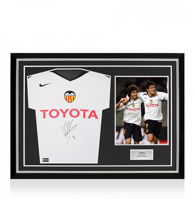 icons David Villa Front Signed Valencia CF 2005-06 Home Shirt In Hero Frame: Option 1