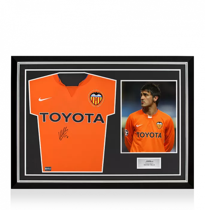 icons David Villa Front Signed Valencia CF 2007-08 Away Shirt In Hero Frame: Option 1