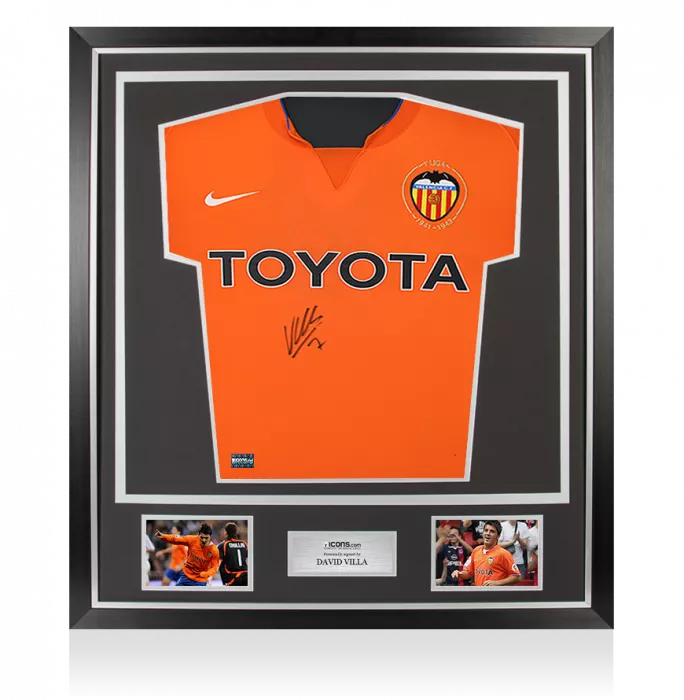 icons David Villa Front Signed Valencia CF 2007-08 Away Shirt In Classic Frame