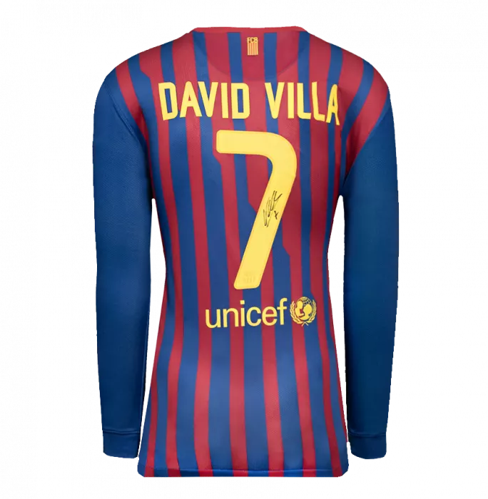 Icons David Villa Official FC Barcelona Back Signed And Framed 2011-12 Home Shirt - Long Sleeved