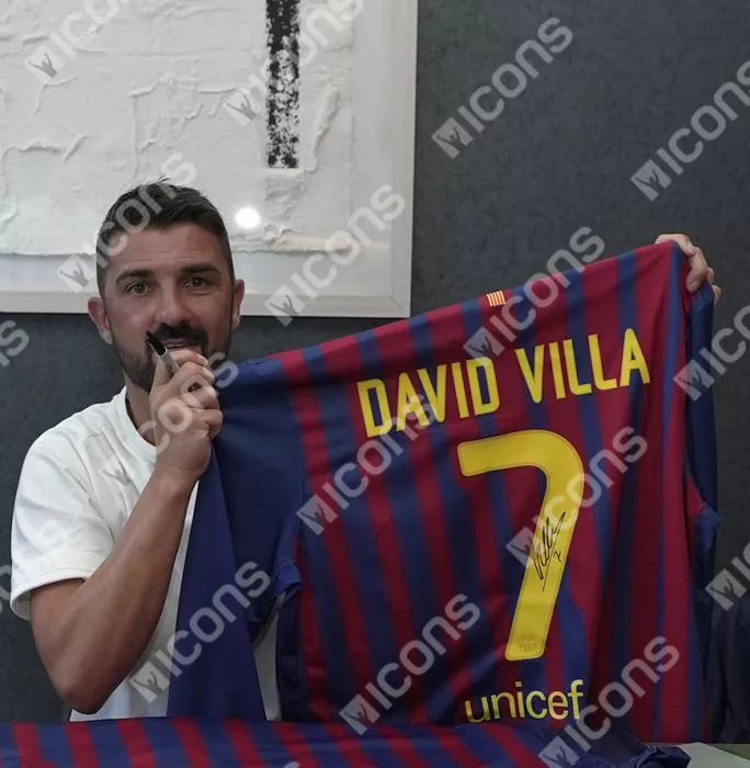 Icons David Villa Official FC Barcelona Back Signed And Framed 2011-12 Home Shirt - Long Sleeved