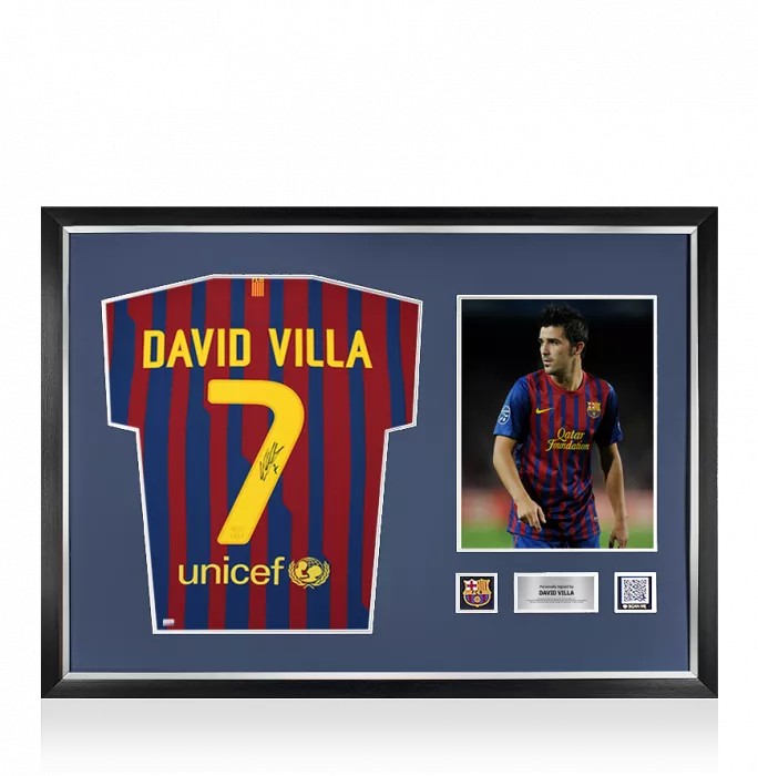 icons David Villa Official FC Barcelona Back Signed and Framed 2011-12 Home Shirt - Long Sleeved