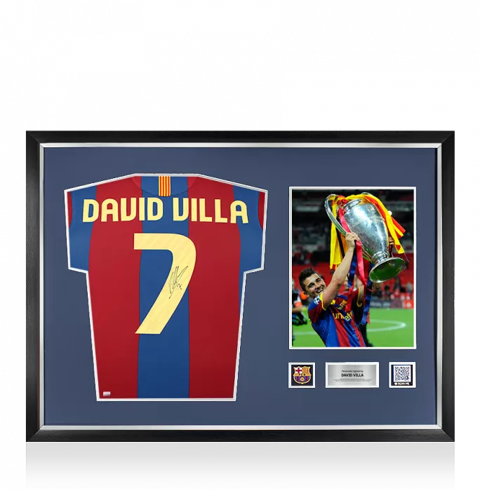 icons David Villa Official FC Barcelona Back Signed and Framed 2010-11 Home Shirt with Fan Style Number