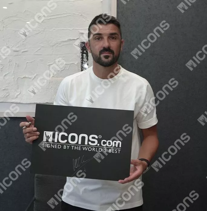 Icons David Villa Official UEFA Champions League Back Signed And Hero Framed FC Barcelona 2010-11 Home Shirt With Fan Style Number