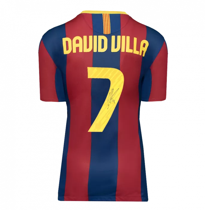 Icons David Villa Official UEFA Champions League Back Signed And Framed FC Barcelona 2010-11 Home Shirt With Fan Style Number