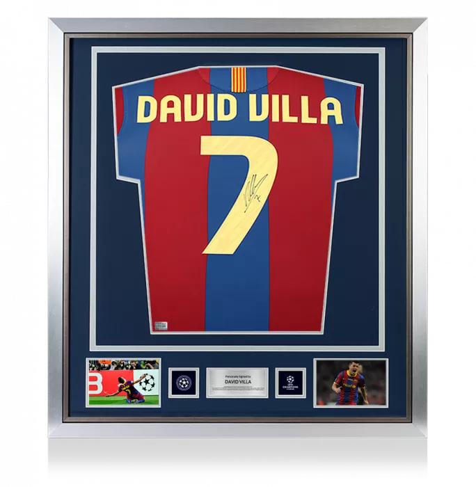 icons David Villa Official UEFA Champions League Back Signed and Framed FC Barcelona 2010-11 Home Shirt with Fan Style Number