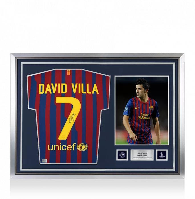 icons David Villa Official UEFA Champions League Back Signed and Hero Framed FC Barcelona 2011-12 Home Shirt - Long Sleeved